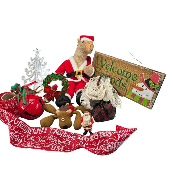 Christmas Decor Bundle Camel Reindeer Plush Ornaments Holiday Ribbon VL1803 - Picture 2 of 9